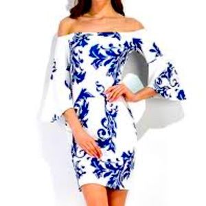Blue & White Bell Sleeve Dress